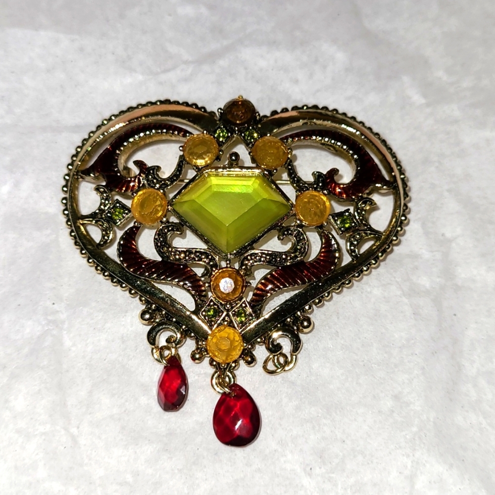 Regal Heart Brooch Art Deco Faux Citrine & Garnet Acrylic Gems Neiger Bros Style